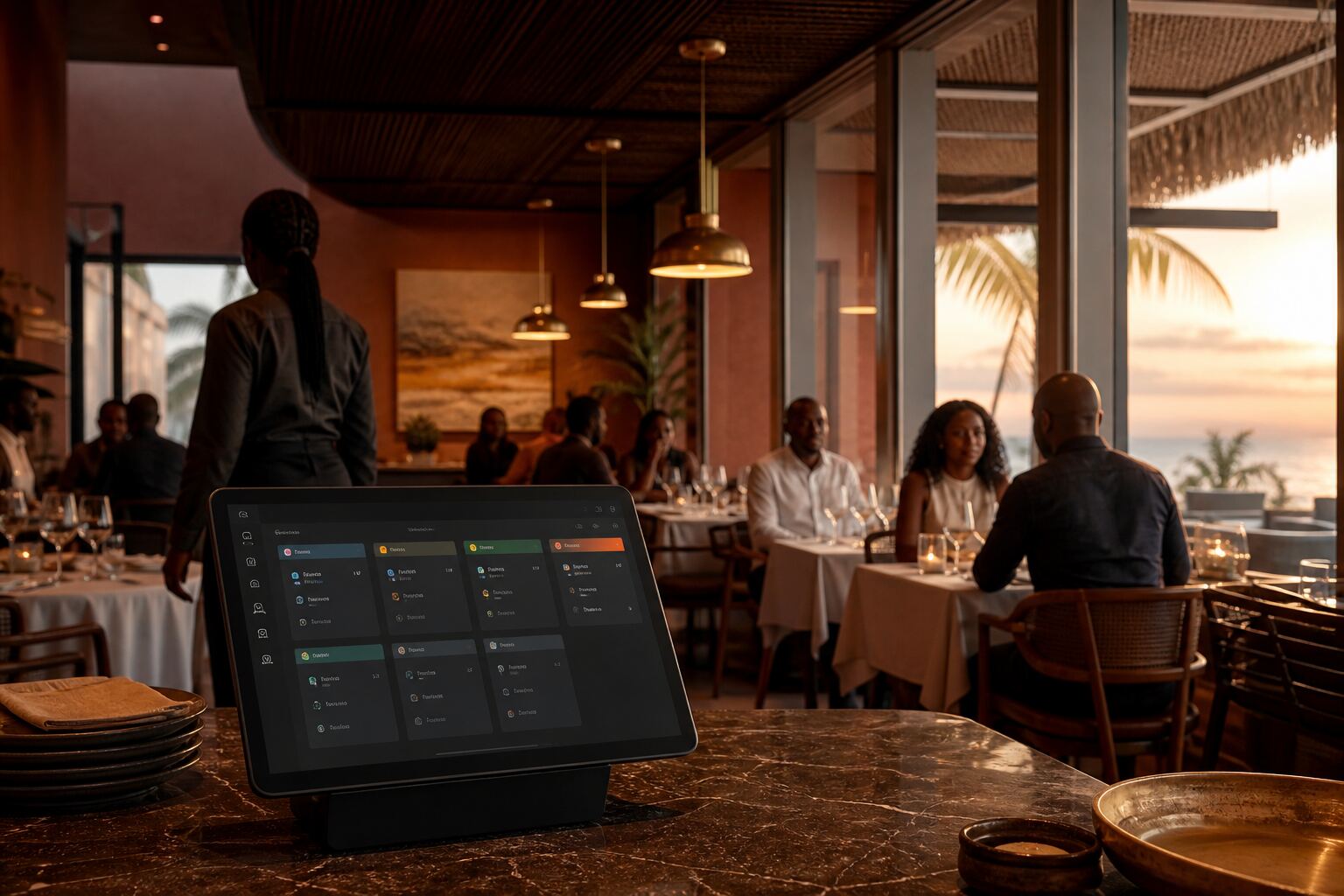 Salle de restaurant contemporaine, service du soir